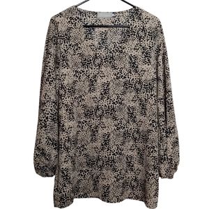 Belongsci Women's V Neck Cheetah Print Balloon Sleeve Tunic Blouse Size Large